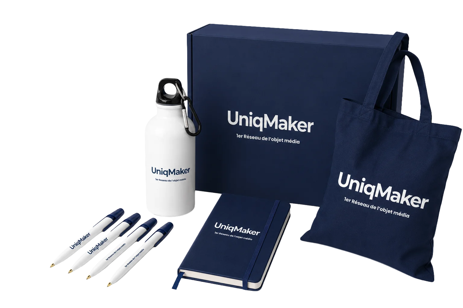 Kit de démarrage UniqMaker avec boîte, tote bag, gourde, carnet et stylos